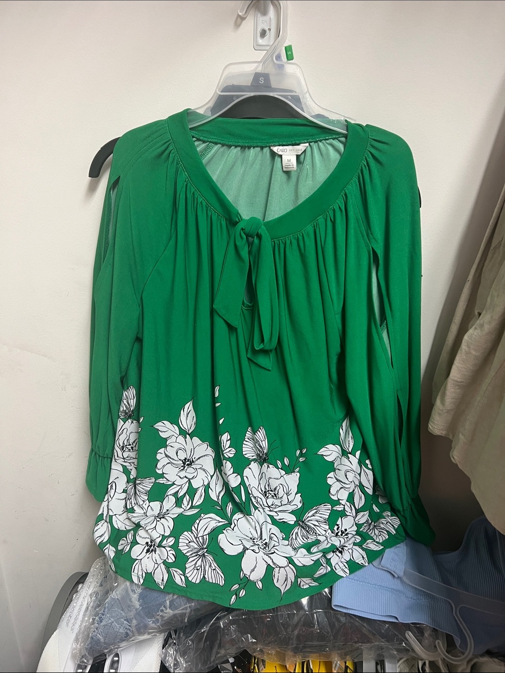 Coldwater Creek Emerald Green Floral Tie-Neck Blouse